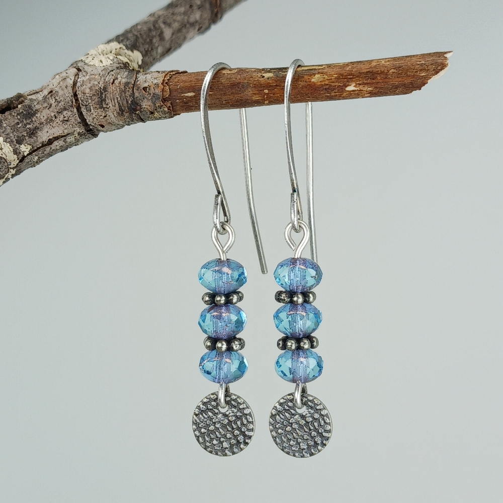 HAND CRAFTED Blue Artisan Glass Silver Rustic Minimalist Dangle Earrings